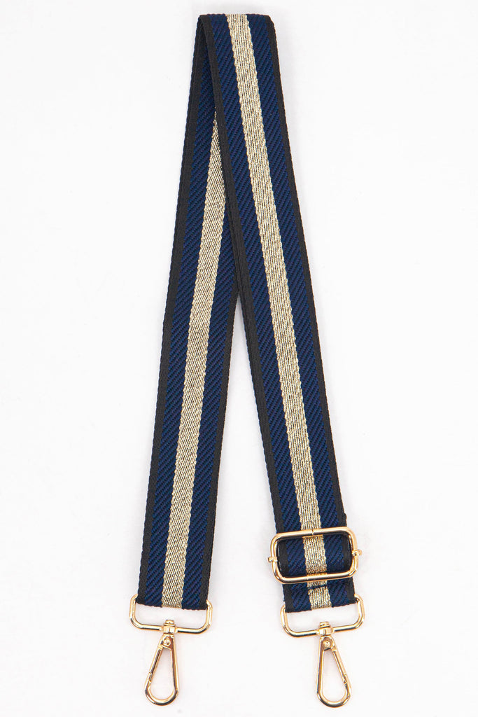 navy blue replacement bag strap with a central gold glitter stripe, the strap has gold clip on hardware