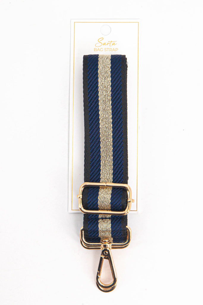 navy and gold glitter stripe  woven bag strap in its sarta packaging