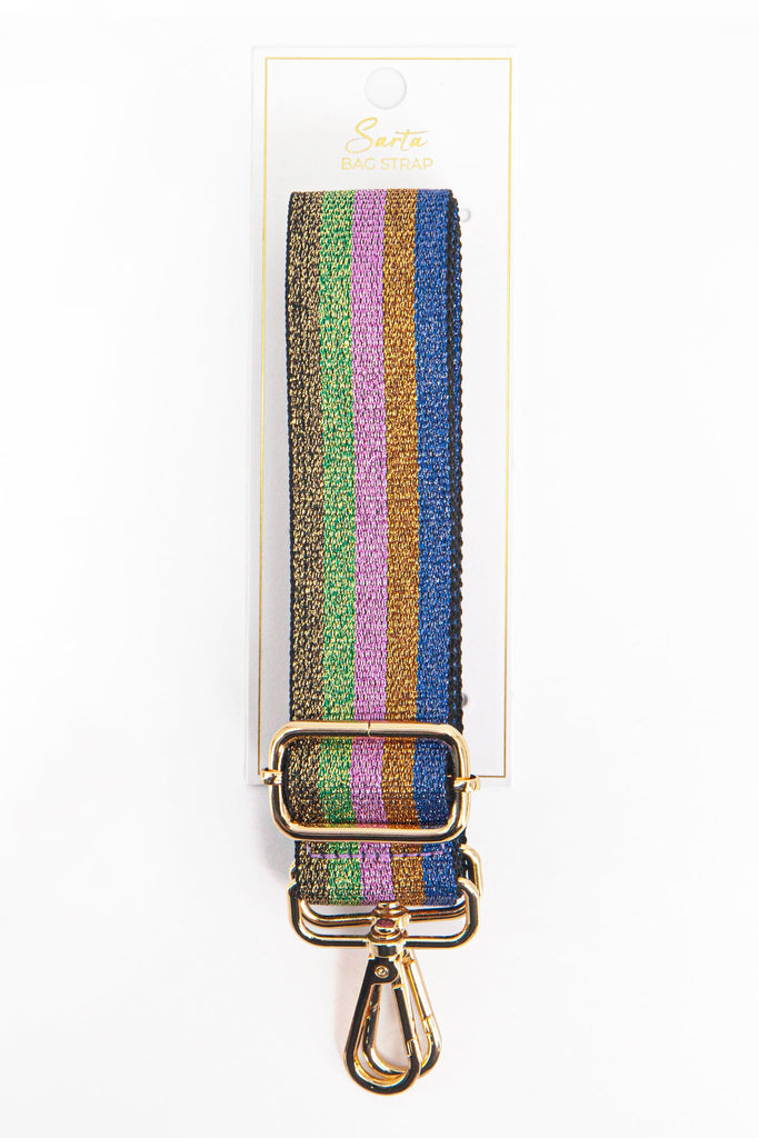 showing the rainbow stripe glitter bag strap in its sarta packaging