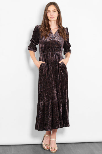 pandora-v-neck-midaxi-dress-brown-velvet-leopard-model-front-view