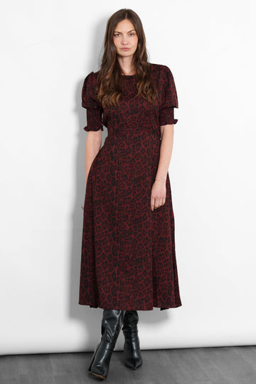 hazel-midi-tea-dress-berry-leopard-print-model-front-view