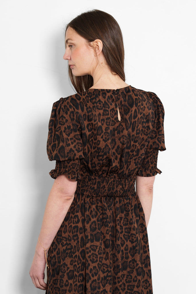 hazel-midi-tea-dress-brown-leopard-print-shirred-panel-waist-button-rear-neck