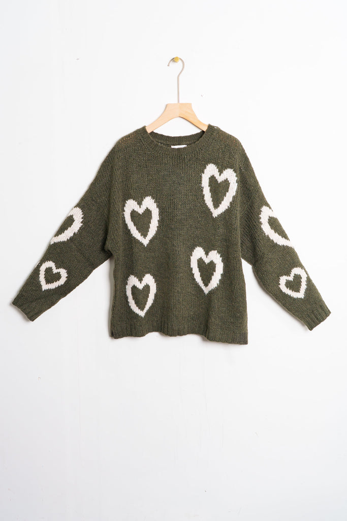 millie-wool-blend-jumper-khaki-cream-love-hearts-front-view-coat-hanger
