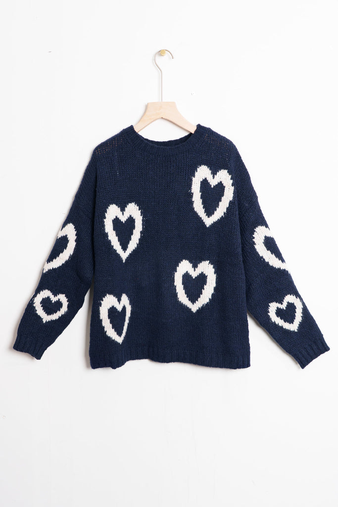 millie-wool-blend-jumper-navy-blue-cream-love-hearts-front-view-coat-hanger