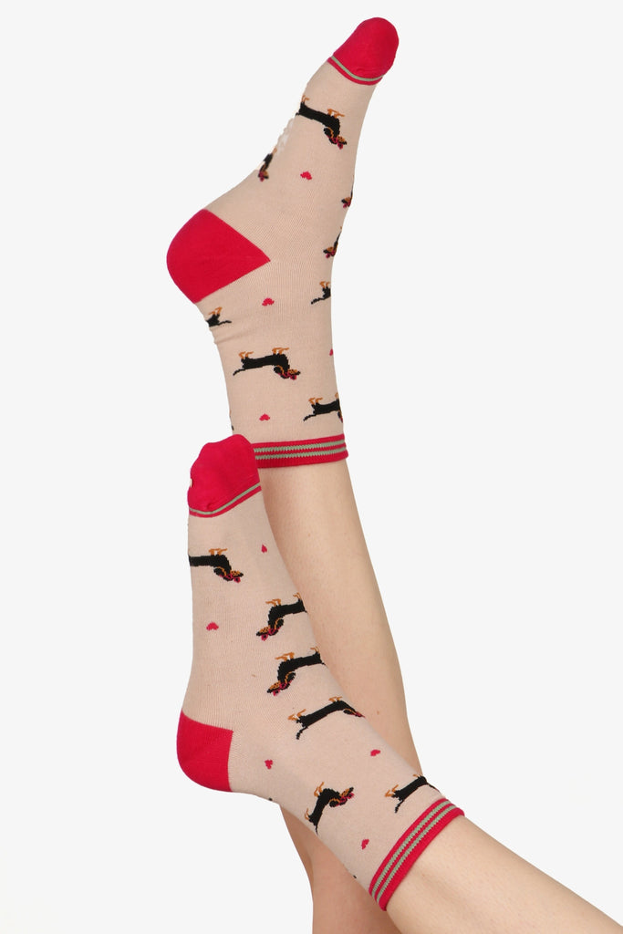 Ladies feet posed in the air showing off sausage dog print bamboo socks. Cream print socks with pink contrasting heel, toe and cuff