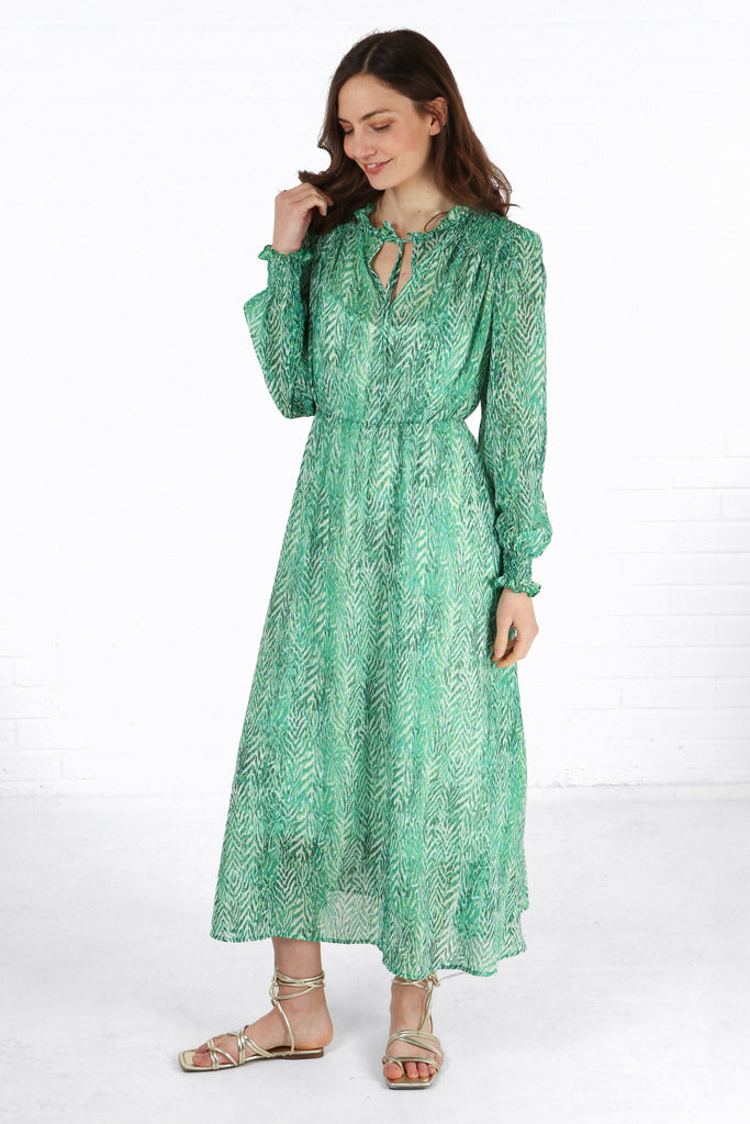 long sleeve chiffon midi dress with shirred shoulders and long sleeves