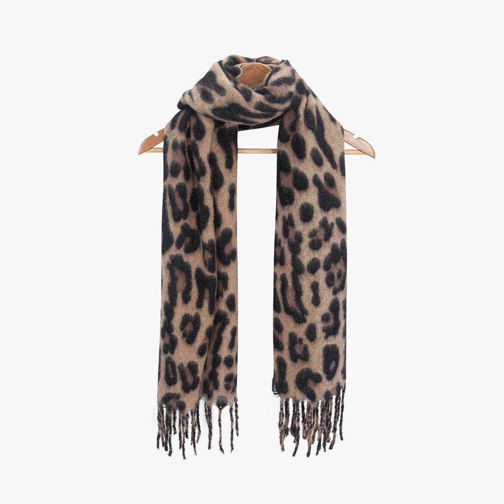selene-brown-leopard-heavyweight-scarf-draped-on-coat-hanger
