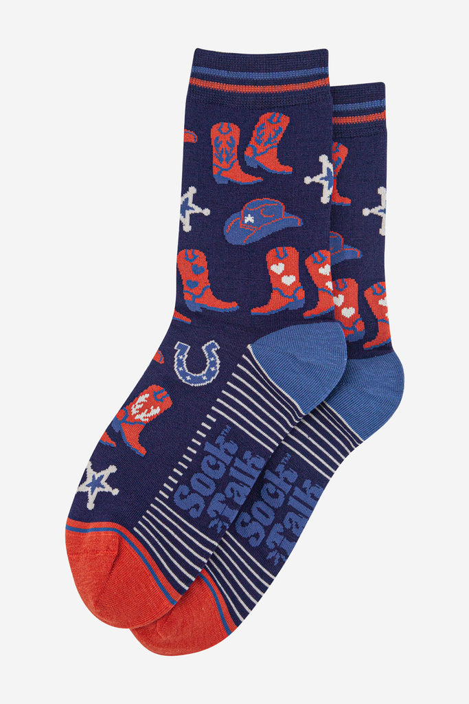 womens-bamboo-socks-navy-blue-denim-blue-cowboy-boots-and-hat-laying-flat