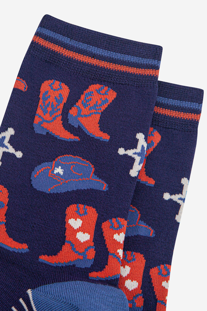 womens-bamboo-socks-navy-blue-denim-blue-cowboy-boots-and-hat-close-up