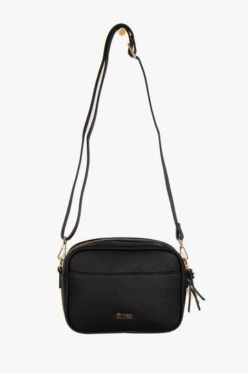 black pebbled faux leather crossbody bag with detachable bag strap and gold hardware