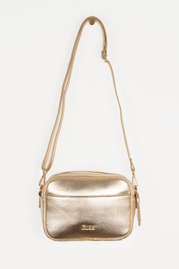 metallic gold faux leather crossbody bag with detachable bag strap