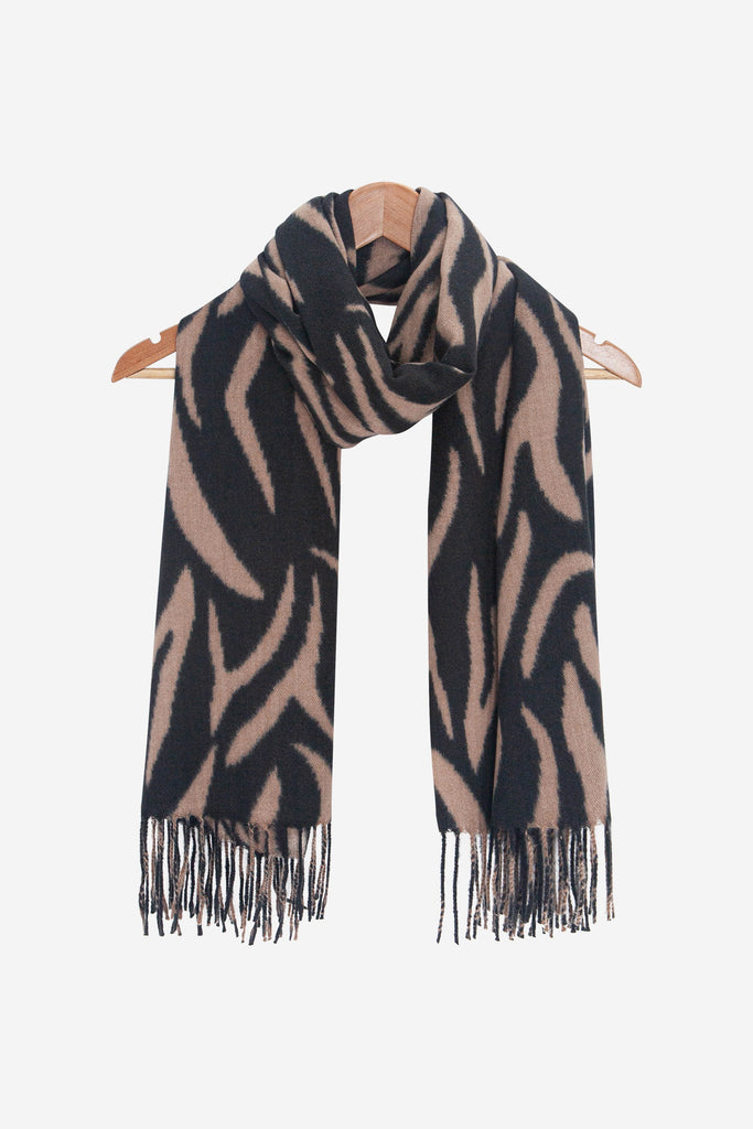 selene-camel-tiger-heavyweight-scarf-on-coat-hanger
