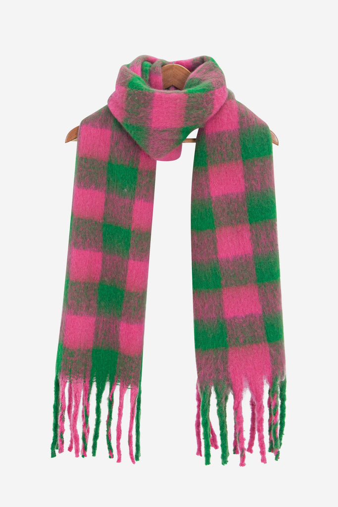 joey-heavyweight-scarf-green-pink-square-check-1-draped-on-coat-hanger