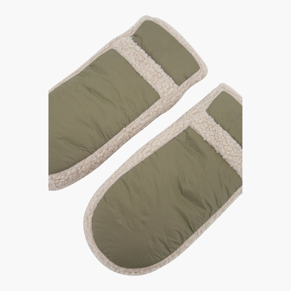 orla-khaki-borg-trim-mittens-close-up-polyester-shell