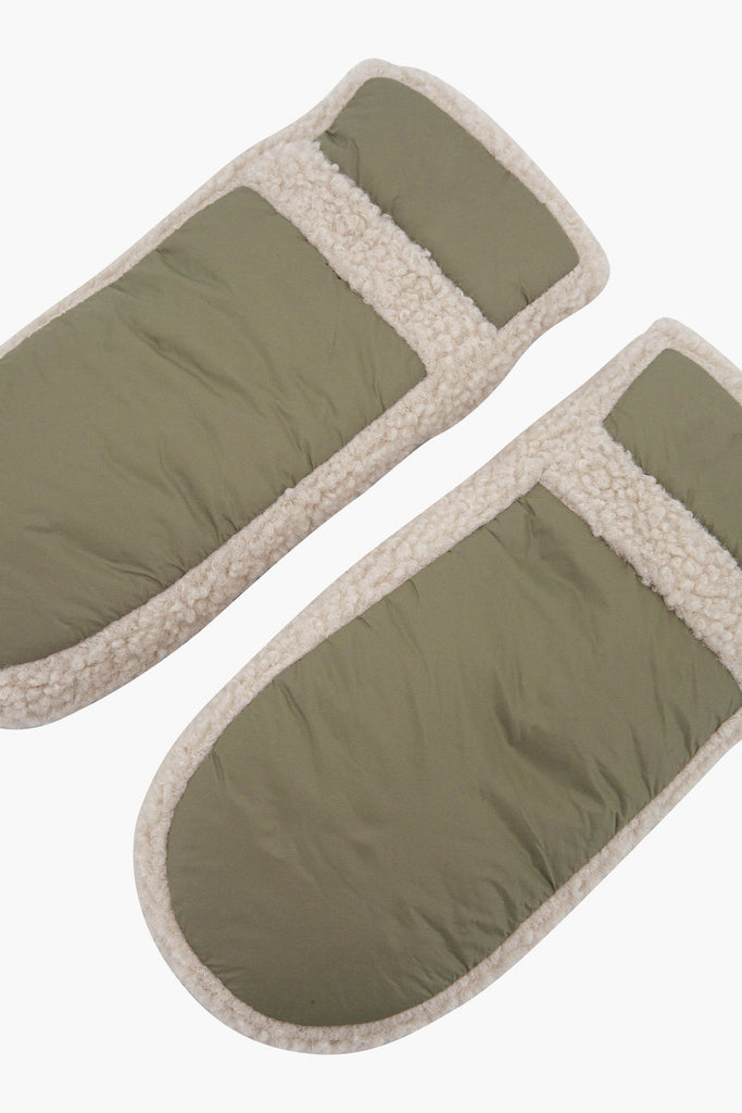 orla-khaki-borg-trim-mittens-close-up-polyester-shell