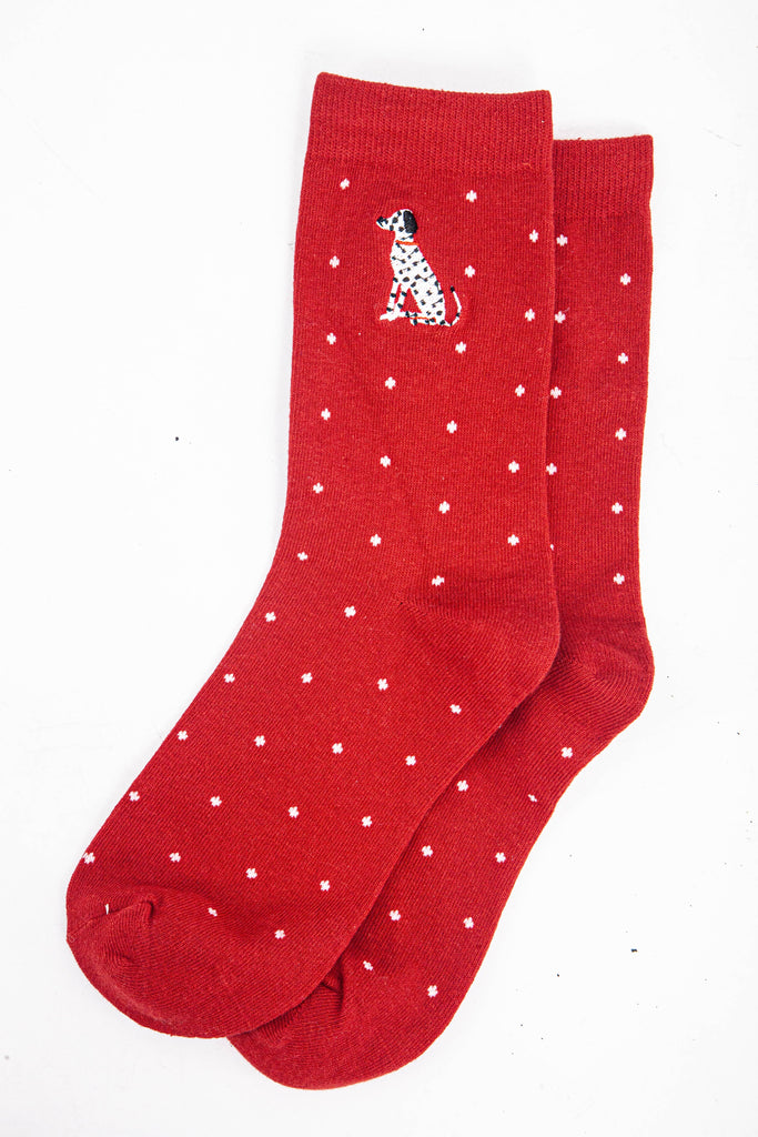 womens-embroidered-ankle-socks-red-dalmatian-polka-dot-laying-flat