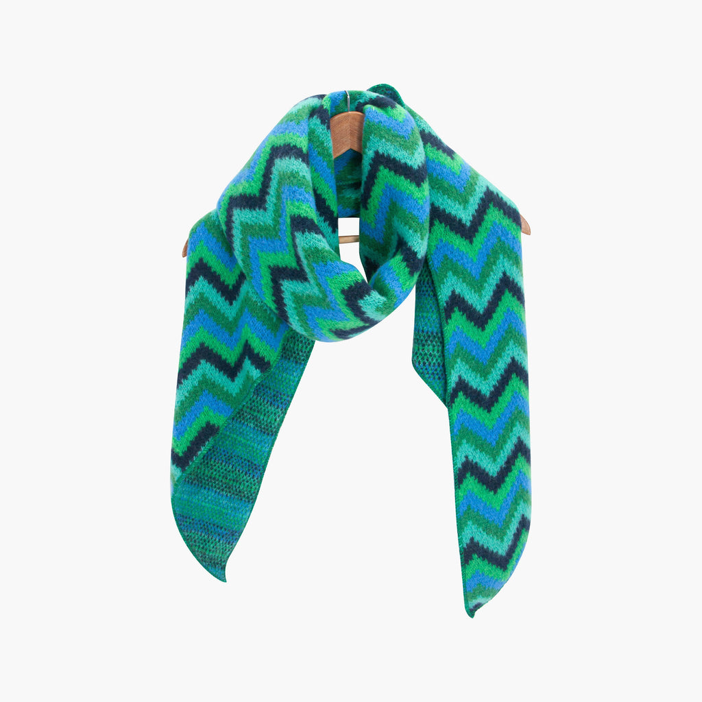 bobbie-blue-green-zig-zag-heavyweight-scarf-draped-on-coat-hanger