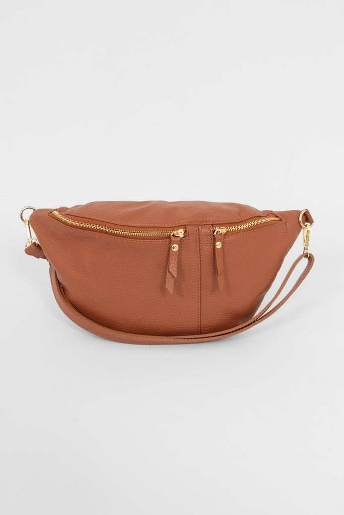 luisa-italian-leather-double-zip-bum-bag-tan-pebbled-front-view