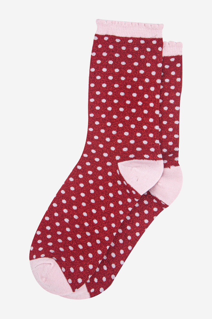 womens-red-pink-polka-dots-glitter-socks-laying-flat