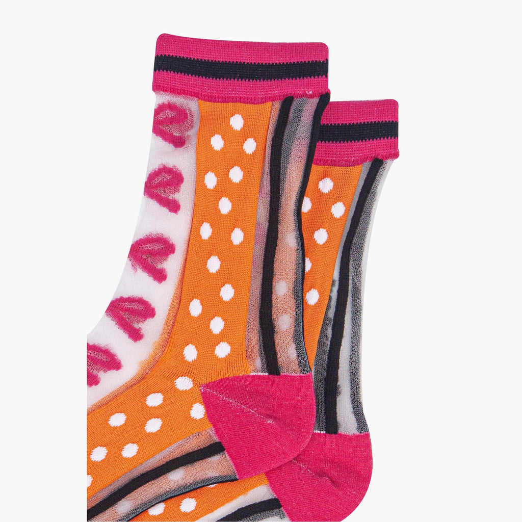 womens-sheer-ankle-socks-orange-hot-pink-stripe-bow-close-up