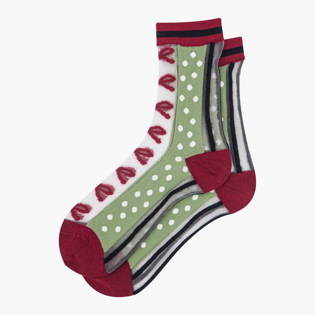 womens-sheer-ankle-socks-green-red-stripe-bow-laying-flat