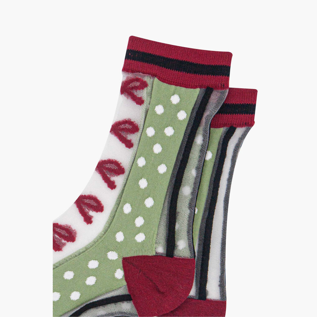 womens-sheer-ankle-socks-green-red-stripe-bow-close-up