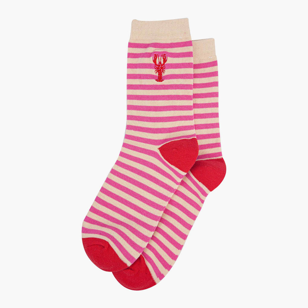 womens-embroidered-ankle-socks-red-lobster-stripe-laying-flat