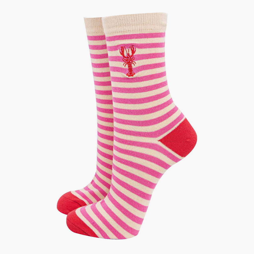 womens-embroidered-ankle-socks-red-lobster-stripe-cotton