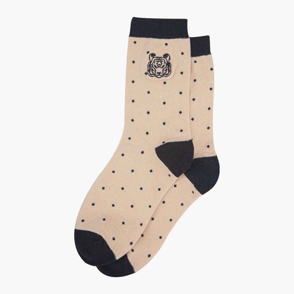 womens-embroidered-ankle-socks-cream-tiger-polka-dot-laying-flat