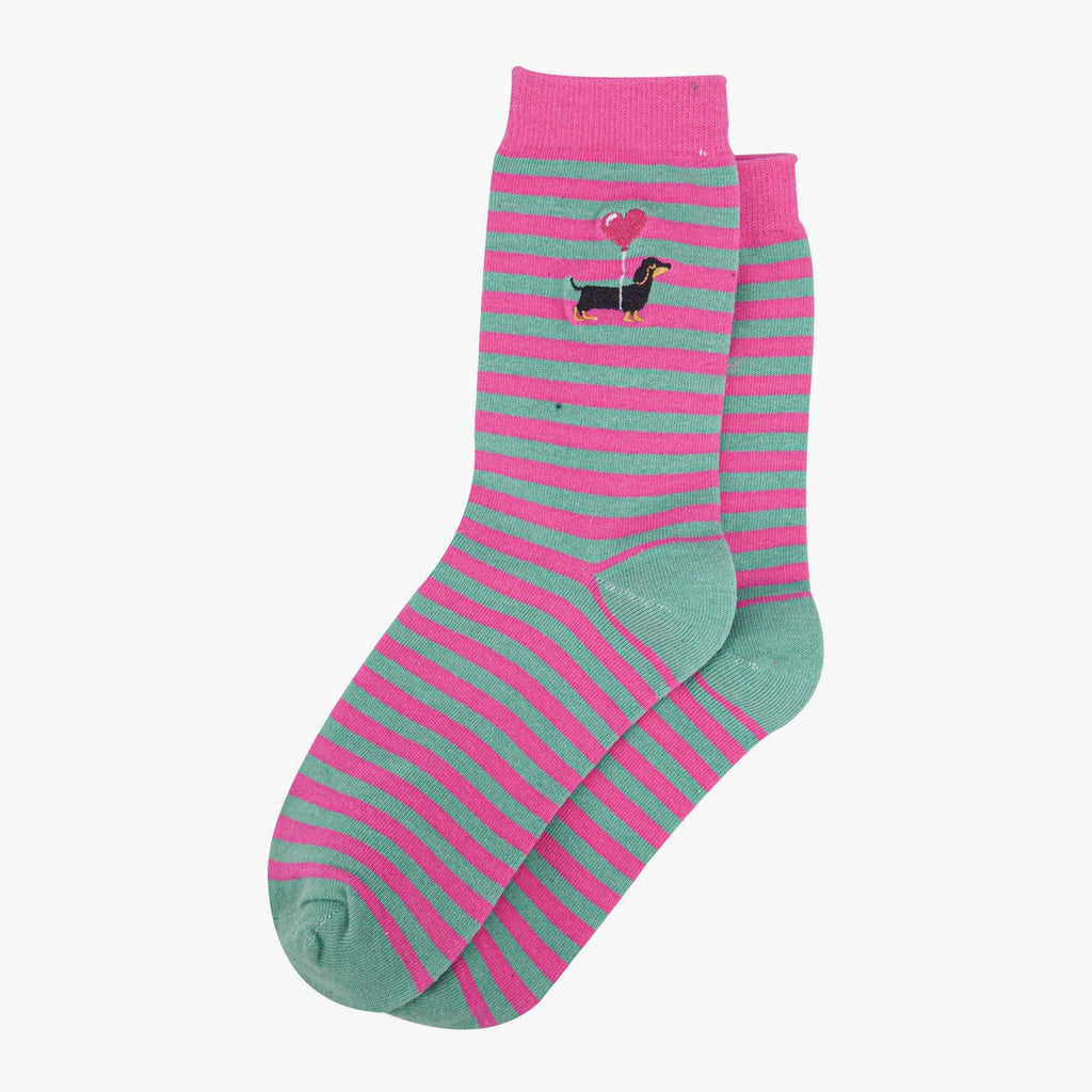 womens-embroidered-ankle-socks-pink-sausage-dog-stripe-laying-flat