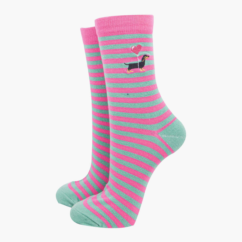 womens-embroidered-ankle-socks-pink-sausage-dog-stripe-heart-balloon