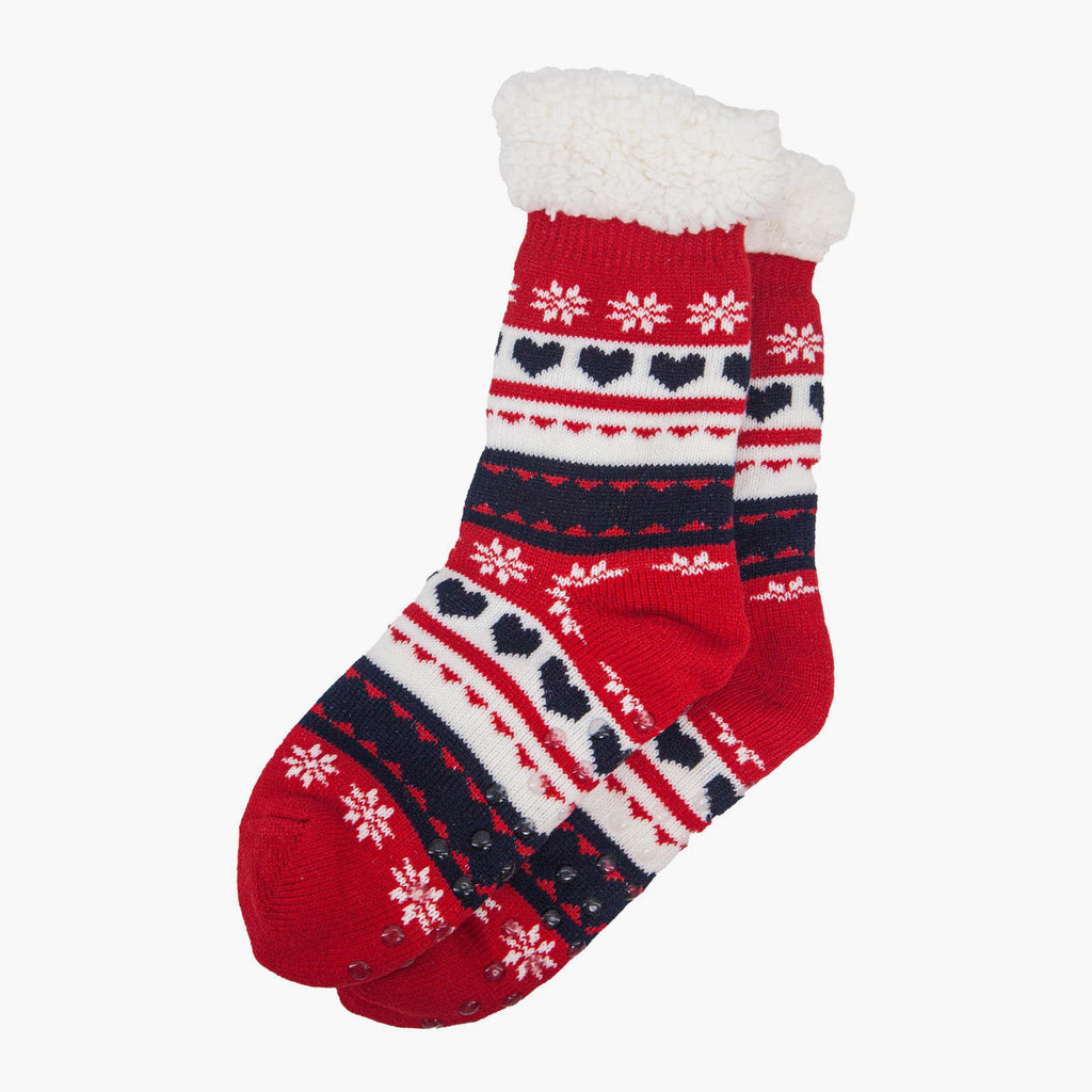 womens-long-slipper-socks-navy-red-fair-isle-laying-flat-grip-soles