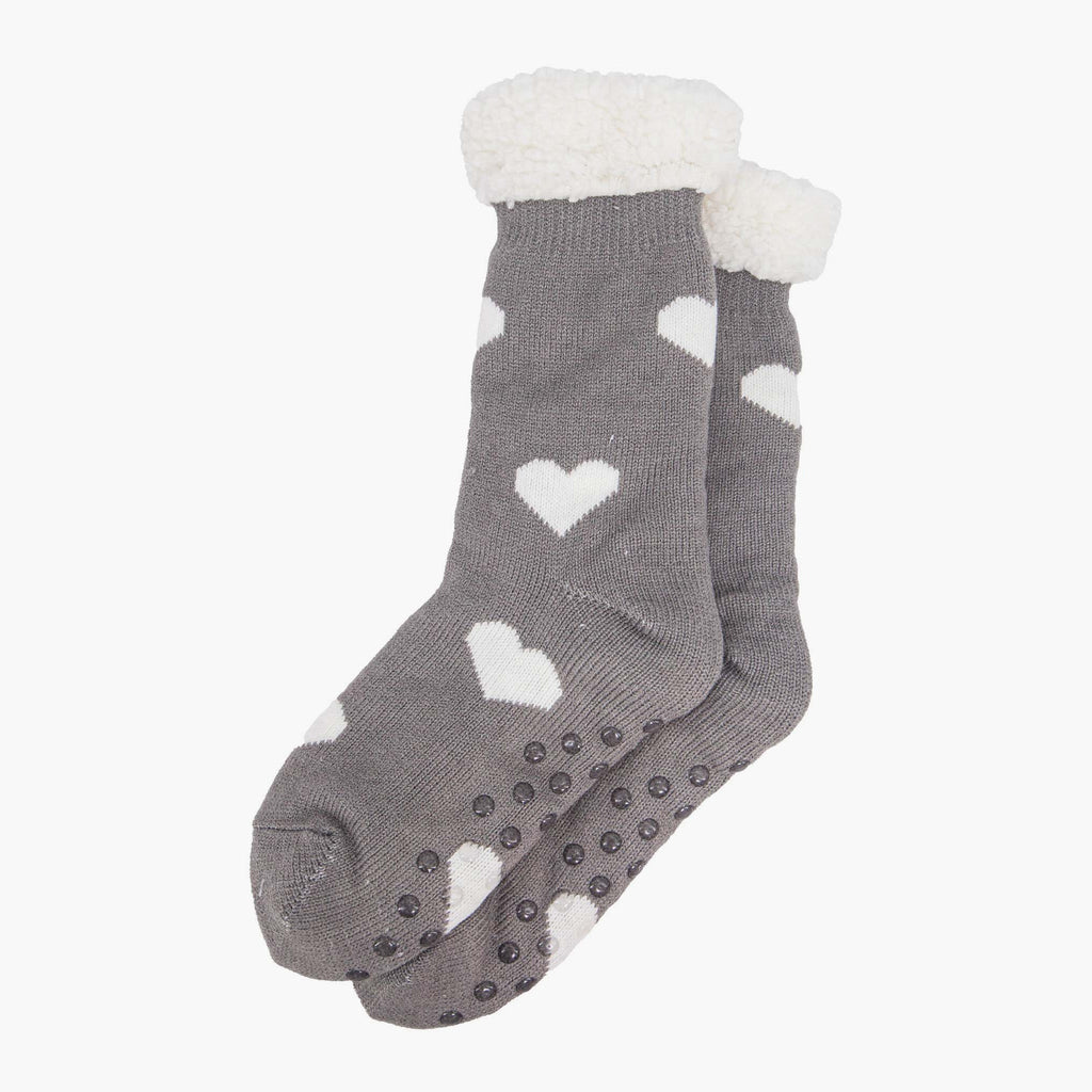 womens-long-slipper-socks-grey-heart-laying-flat-grip-soles