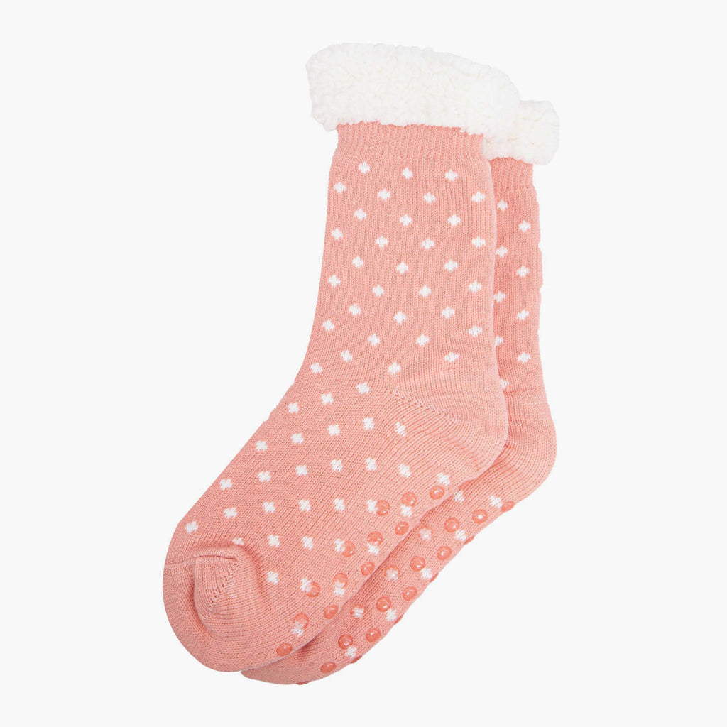 womens-long-slipper-socks-pink-spot-laying-flat-grip-soles