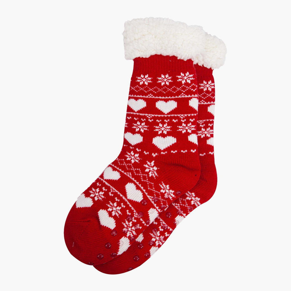 womens-long-slipper-socks-red-fair-isle-laying-flat