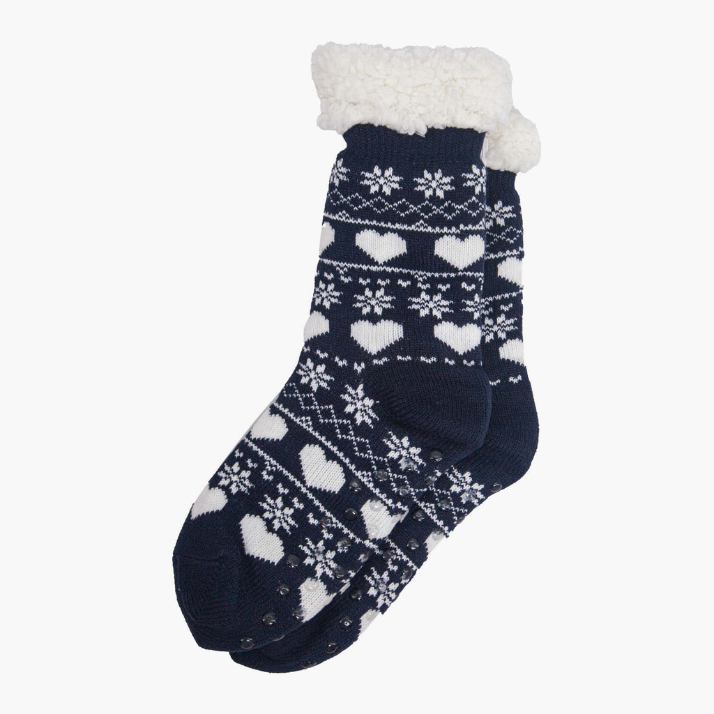 womens-long-slipper-socks-navy-fair-isle-laying-flat