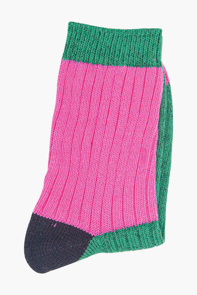 womens-mid-calf-socks-pink-green-colour-block-close-up-thick-cotton