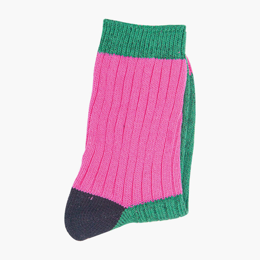 womens-mid-calf-socks-pink-green-colour-block-close-up-thick-cotton