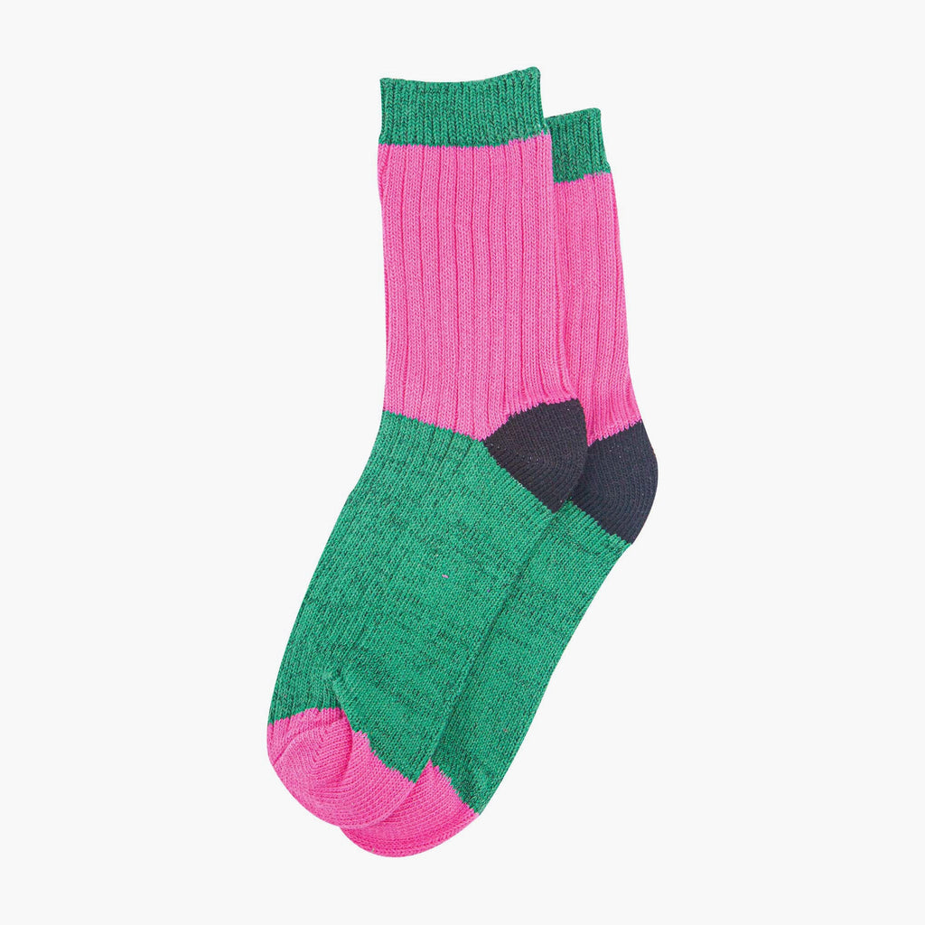 womens-mid-calf-socks-pink-green-colour-block-laying-flat