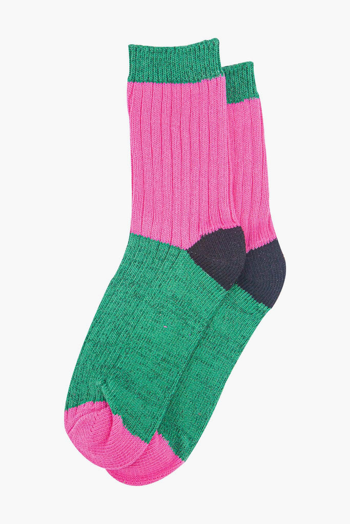womens-mid-calf-socks-pink-green-colour-block-laying-flat