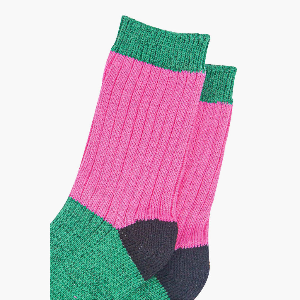 womens-mid-calf-socks-pink-green-colour-block-close-up-ribbed
