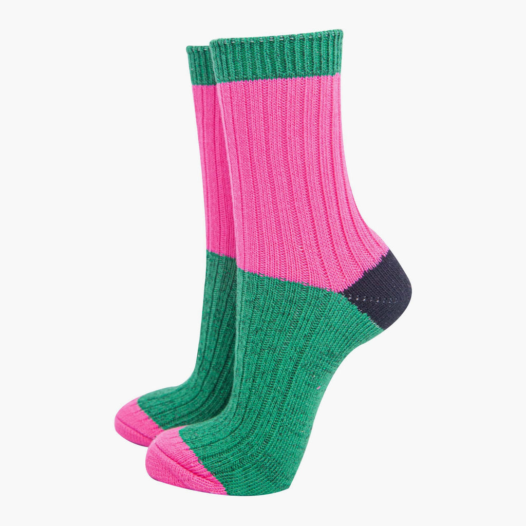 womens-mid-calf-socks-pink-green-colour-block-subtle-glitter-cuff