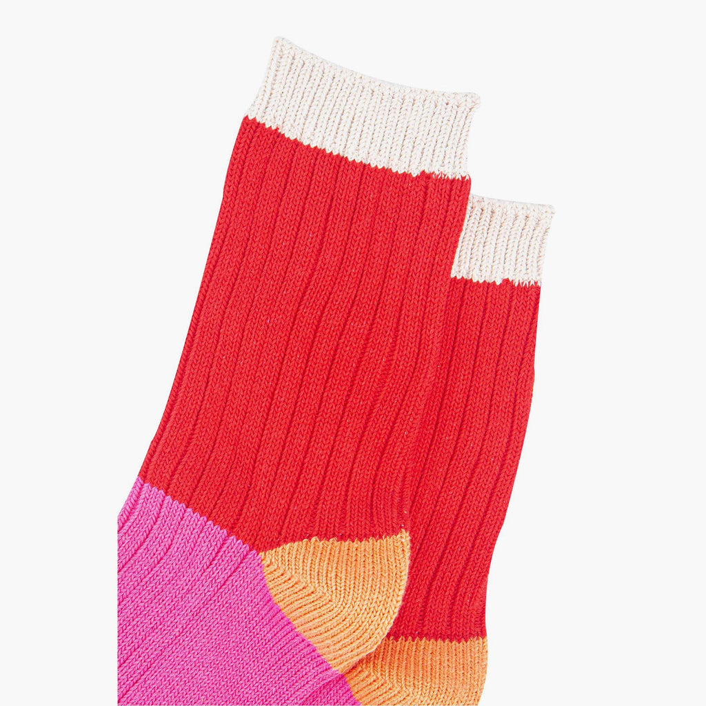 womens-mid-calf-socks-red-pink-colour-block-1-close-up-thick-ribbed-material