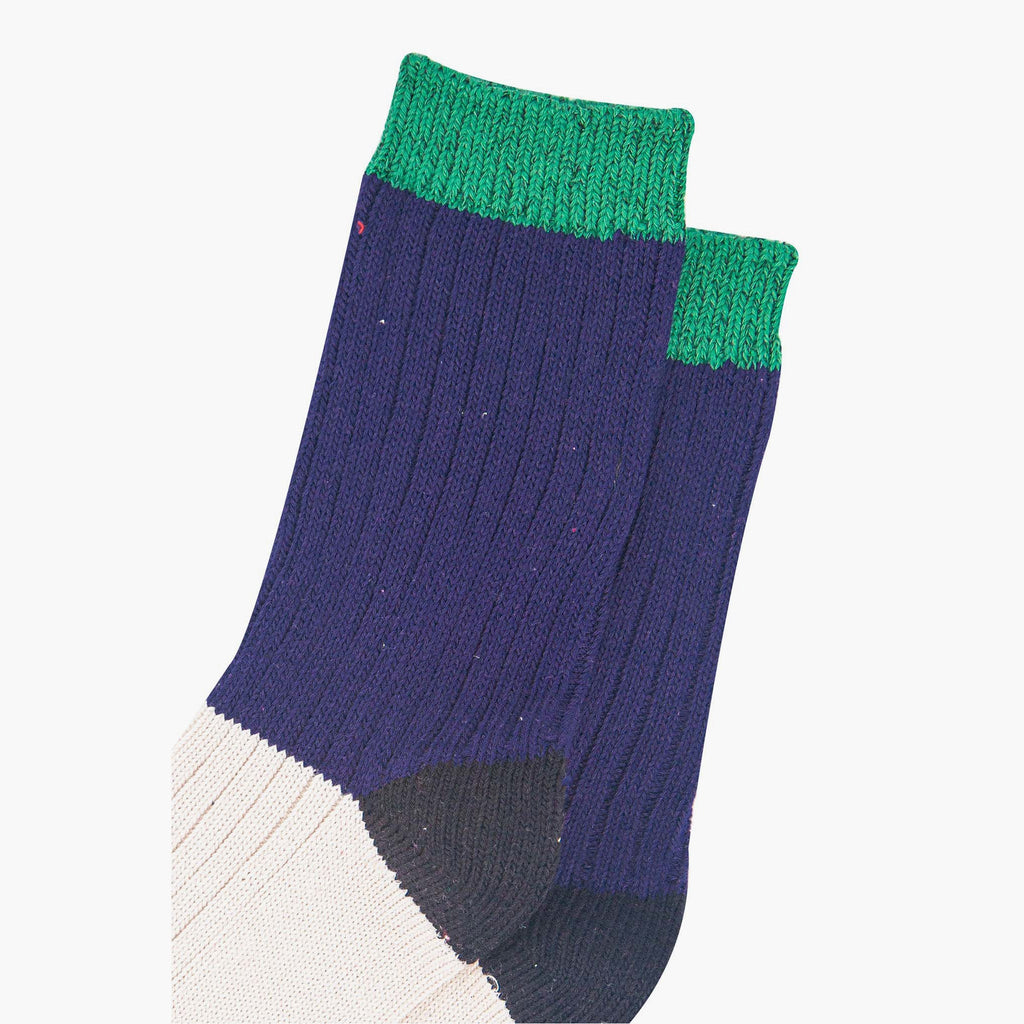 womens-mid-calf-socks-navy-blue-cream-colour-block-1-close-up-ribbed-material