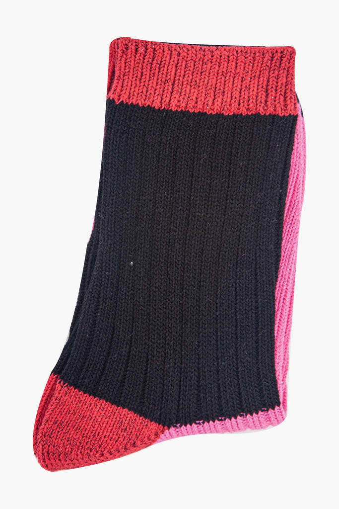 womens-mid-calf-socks-black-pink-colour-block-folded-thick-cotton