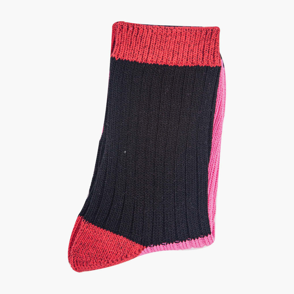 womens-mid-calf-socks-black-pink-colour-block-folded-thick-cotton