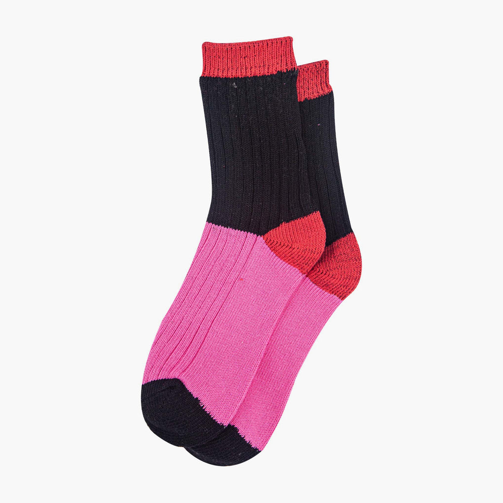 womens-mid-calf-socks-black-pink-colour-block-laying-flat