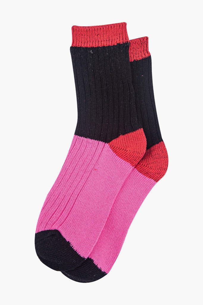womens-mid-calf-socks-black-pink-colour-block-laying-flat