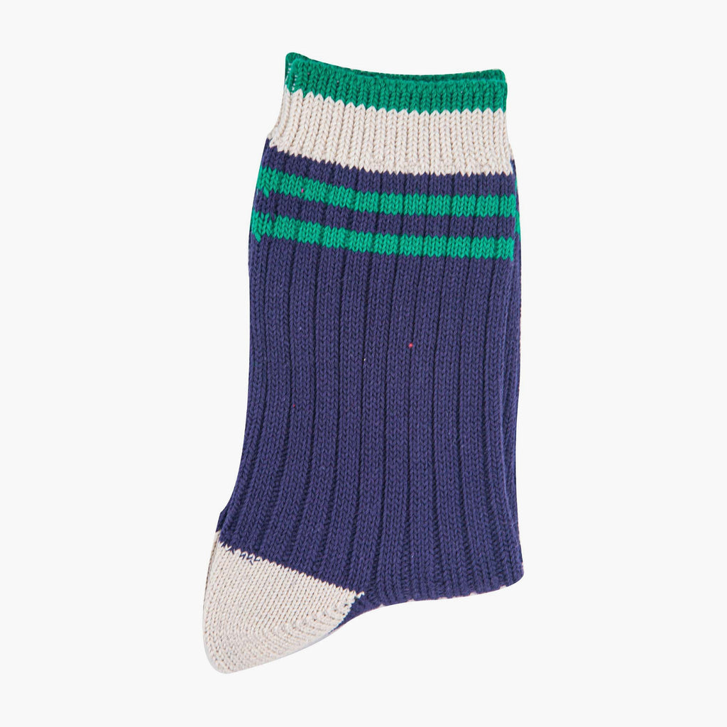womens-mid-calf-socks-navy-blue-green-striped-cuff-close-up