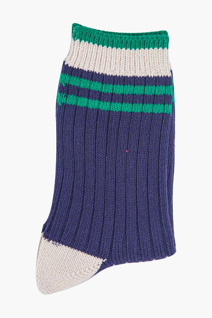 womens-mid-calf-socks-navy-blue-green-striped-cuff-close-up